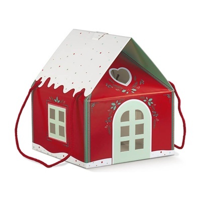 Embalagem em forma de casa vermelha com detalhes brancos e cordões vermelhos para transporte