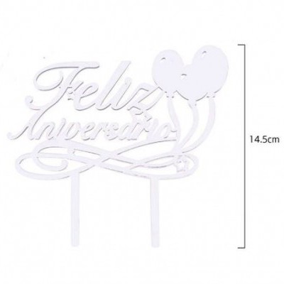 Topo de bolo branco 'Feliz Aniversário' com balões em acrílico