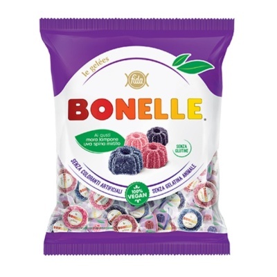Pacote de gomas BONELLE multicoloridas com embalagem branca e roxa.