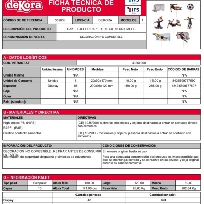 Ficha técnica de cake topper papel futebol Dekora com dados logísticos, materiais e conservação
