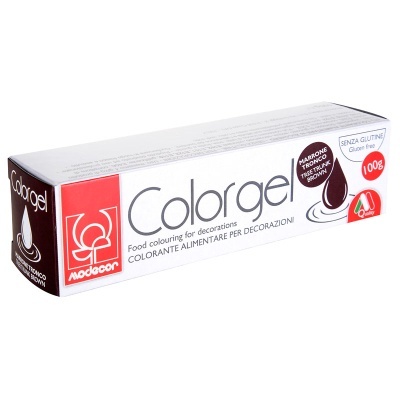 Tubo de corante alimentar em gel marron da marca Modecor numa embalagem branca e vermelha