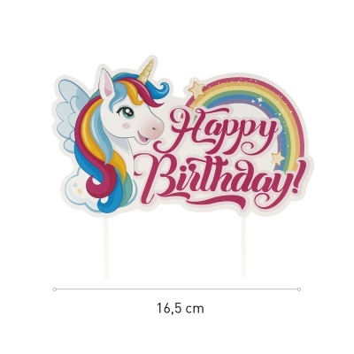 Topo de bolo unicórnio com texto 'Happy Birthday!' em cartão colorido
