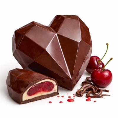 Bombons em forma de coração facetado de chocolate com cerejas ao lado.