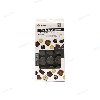 Molde de silicone preto para chocolate com embalagem branca e imagens de chocolates variados