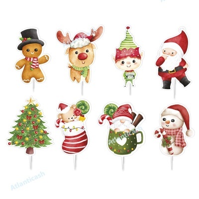 Toppers de bolo de Natal coloridos com boneco de gengibre, rena, duende, pai natal, árvore de Natal, ursinho, caneca e boneco de neve.