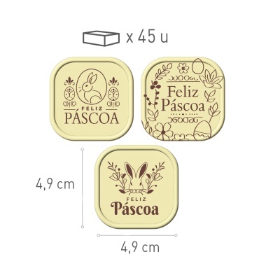 Etiquetas quadradas creme com ilustrações de coelho e texto Feliz Páscoa