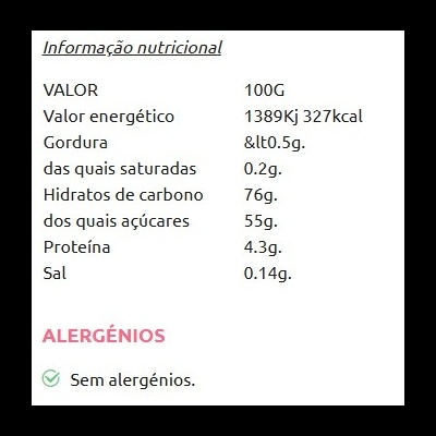 Etiqueta com informação nutricional e indicação de sem alergénios