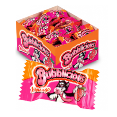 Caixa laranja e rosa cheia de rebuçados Bubblicious Morango com ilustração de gato a mascar chiclete