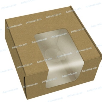 Caixa de cartão castanho com janela transparente na tampa