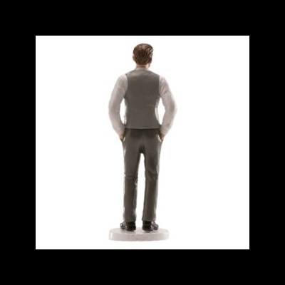 Estatueta de homem de costas com colete e calças cinzentas