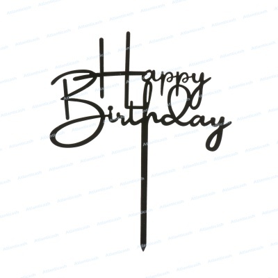 Topper de bolo preto com texto 'Happy Birthday' em acrílico