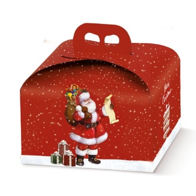 Caixa de presente vermelha com imagem de Pai Natal e neve