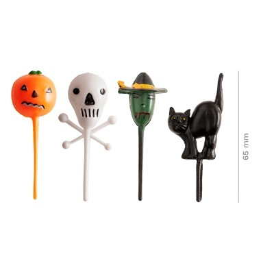 Espetos decorativos de Halloween com abóbora, crânio, bruxa e gato preto.