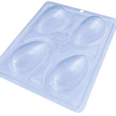 Molde plástico transparente com formato oval e textos em relevo