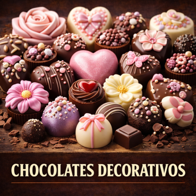 Variedade de chocolates decorativos coloridos em formas diversas e texturas