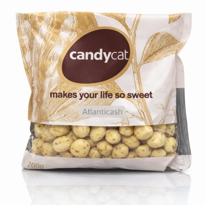 Pacote de amendoins cobertos candycat com texto promocional e padrão dourado