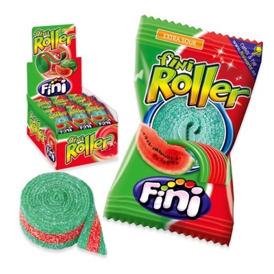 Pacote e doce Fini Roller Extra Sour verde e vermelho com melancia