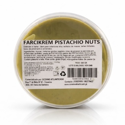 Embalagem plástica redonda com creme verde de pistáchio e etiqueta branca com texto em português