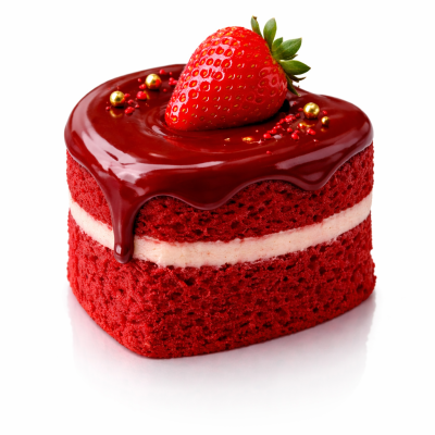 Bolo em forma de coração com cobertura de chocolate e morango