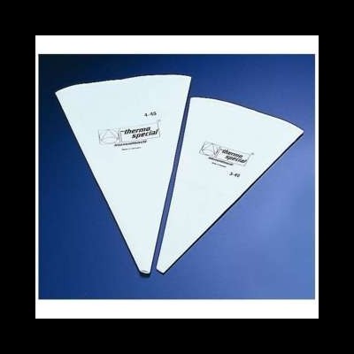 Dois sacos ou cones de confeitaria brancos com texto 'thermo special' sobre fundo azul