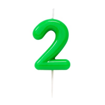 Vela de aniversário verde número 2 com pavio e suporte branco
