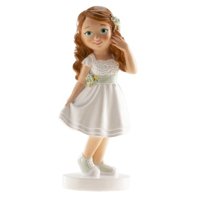 Figura decorativa de menina com vestido branco e detalhes florais