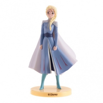 Figura da personagem Elsa da Disney com vestido azul e capa branca em base amarela.