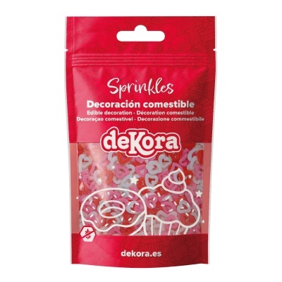 Pacote vermelho de decoração comestível com sprinkles em forma de corações coloridos
