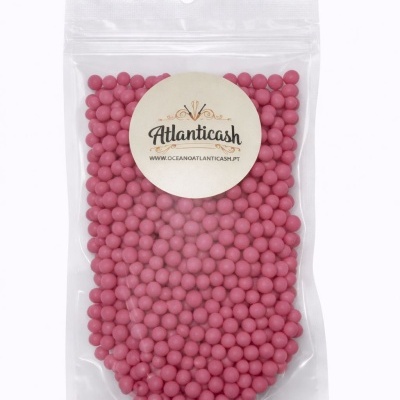 Saco transparente com bolas cor-de-rosa e etiqueta Atlanticash