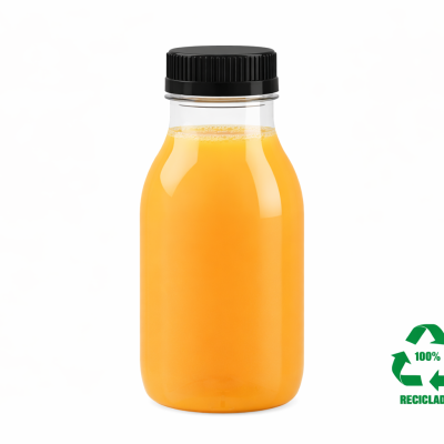 Garrafa plástica com líquido laranja e símbolo de reciclagem 100% RECICLADO