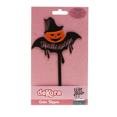 Cake topper Halloween com abóbora e morcego na embalagem