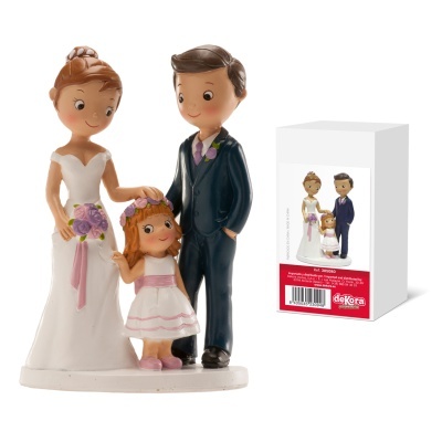 Figuras de noiva, noivo e criança em resina pintada com vestido branco e azul escuro