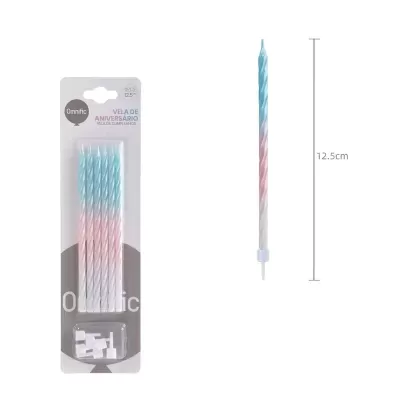 Velas de aniversário riscas azul, branco e rosa com suporte, em embalagem