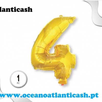 Balão dourado número 4 com texto de marca e website