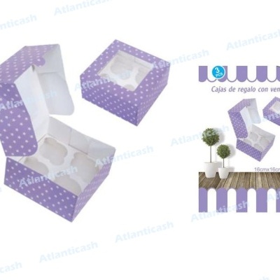 Caixas de presente roxas com bolinhas brancas e janela transparente em forma de flor