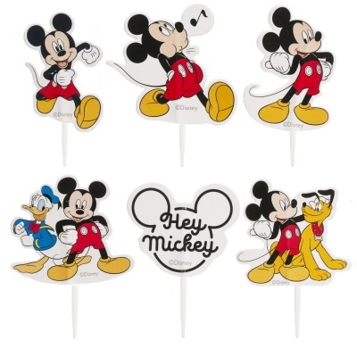 Toppers para bolo com personagens Disney Mickey, Donald, Pluto e texto 'Hey Mickey' em plástico