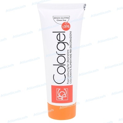 Tubo branco com tampa alaranjada de gel colorante para alimentos