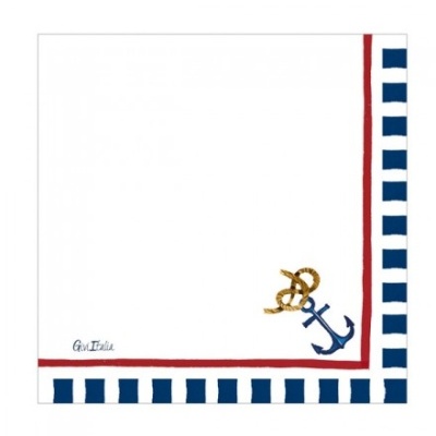Guardanapo branco com bordas azuis e vermelhas, âncora azul com corda dourada no canto