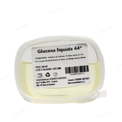 Frasco plástico com glicose líquida, rótulo branco com informações sobre o produto e código de barras.