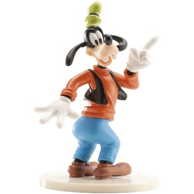 Figura de plástico da personagem Pateta com roupas coloridas sobre base branca