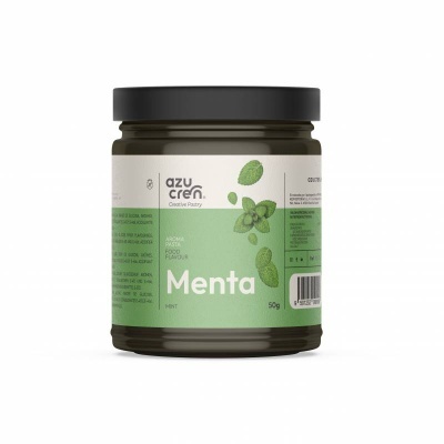 Frasco de vidro com rótulo verde e branco com folhas de menta e texto 'Menta'