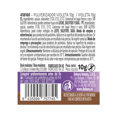 Etiqueta de pulverizador roxo com texto preto e roxo e código de barras