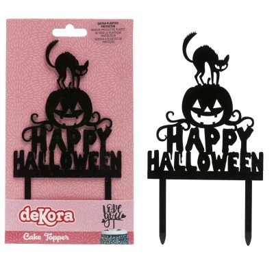 Cake topper Halloween preto com abóbora, gato e texto HAPPY HALLOWEEN em embalagem rosa.