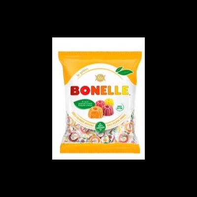 Pacote de rebuçados Bonelle cores amarelo, vermelho e branco com selo vegano