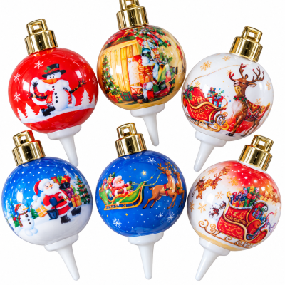 Seis bolas decorativas de Natal com desenhos festivos e espigas brancas