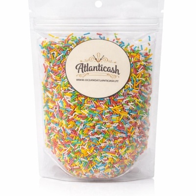 Saco transparente com confetis coloridos e etiqueta Atlanticash