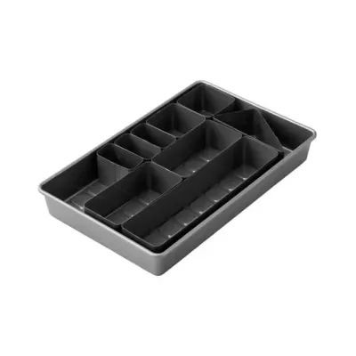 Organizador de cutelaria preto com vários compartimentos retangulares