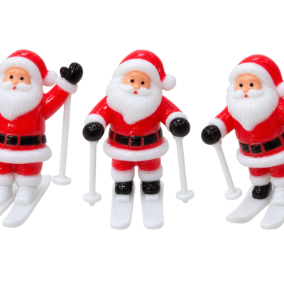 Três brinquedos de Pai Natal a esquiar de plástico vermelho e branco