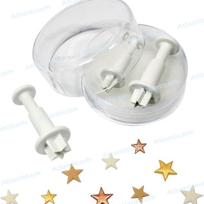 Conjunto de cortadores de massa de estrela em plástico branco com embalagem transparente