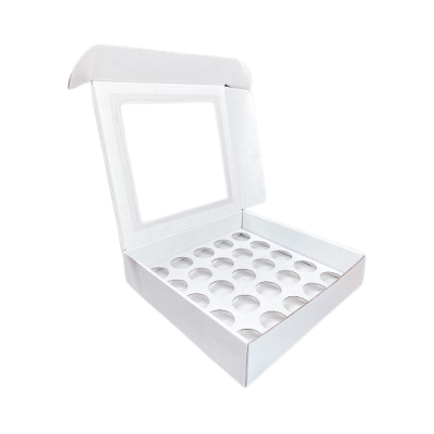Caixa branca de cartão aberta com suporte perfurado em círculos.